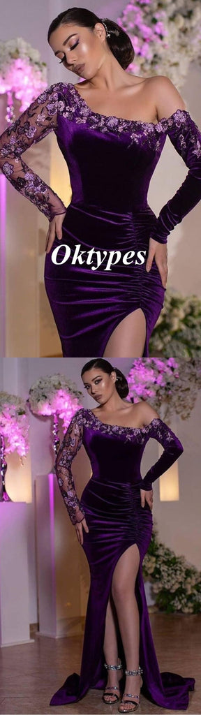 Elegant Purple Velvet Long Sleeves Side Slit Mermaid Long Prom Dresses With Appliques, PDS1006