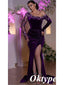 Elegant Purple Velvet Long Sleeves Side Slit Mermaid Long Prom Dresses With Appliques, PDS1006