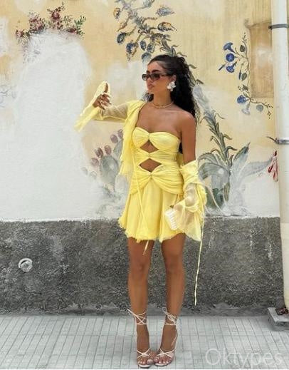 Alluring Unique Lemon Off Shoulder Sweetheart Women Mini Dresses Homecoming Dresses, PDS0567