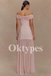 Blush Pink Off-the-Shoulder Prom Dress with Gold Floral Brooch and Pleated Skirt