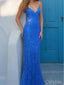 Sparkly Blue V-Neck Appliqued Spaghetti Strap Floor-Length Prom Dresses PDS1132