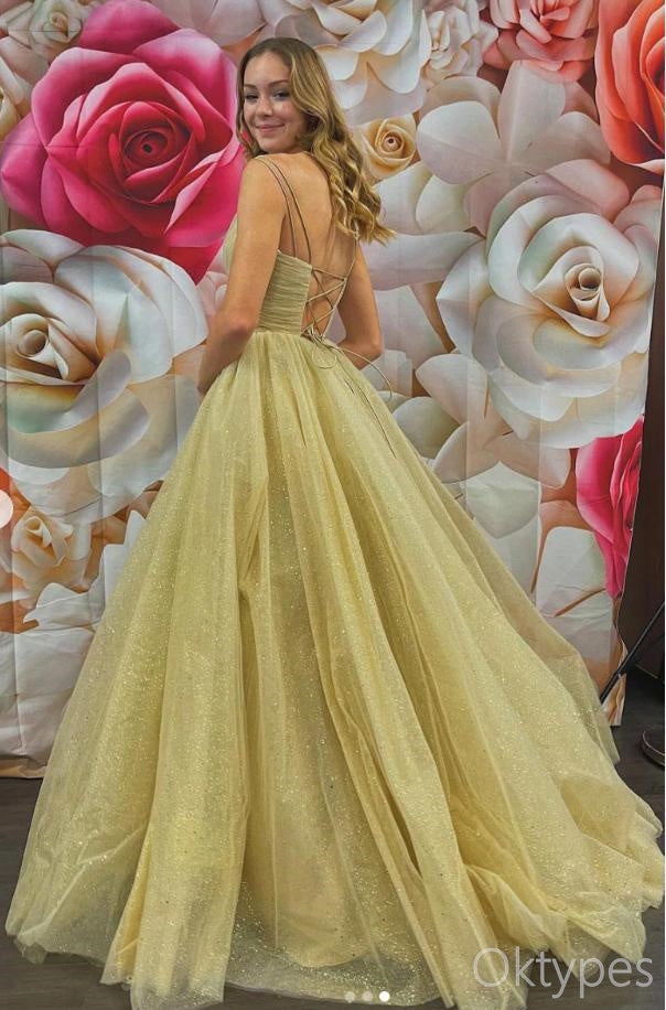 Simple Yellow Spaghetti Strap V-Neck A-Line Tulle Prom Dresses PDS1087