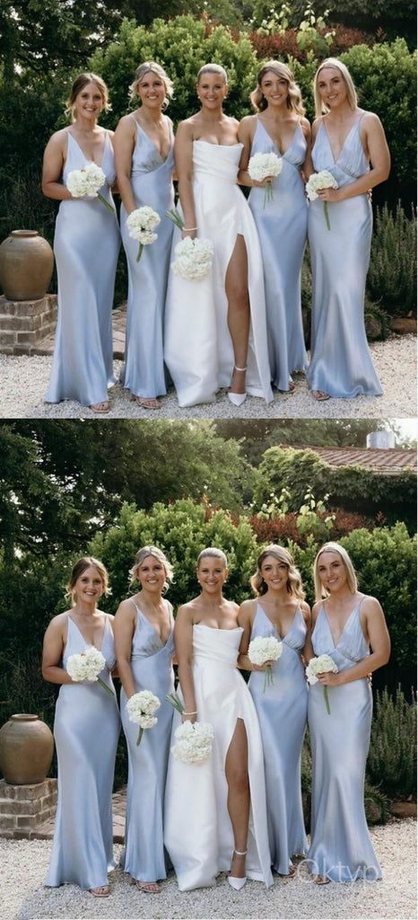 Sexy Sky-Blue V-Neck Spaghetti Strap Mermaid Bridesmaid Dresses Online, BDS0376