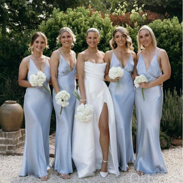 Sexy Sky-Blue V-Neck Spaghetti Strap Mermaid Bridesmaid Dresses Online, BDS0376