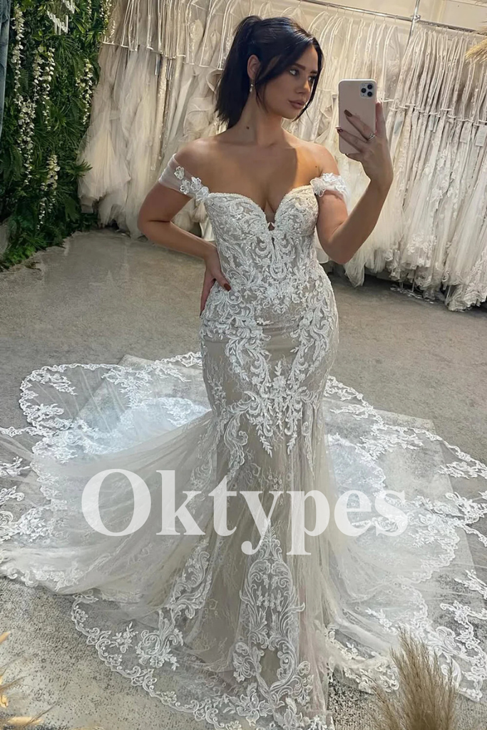 Off-the-Shoulder Satin Wedding Dresses Bow Back Bridal Gown with Train