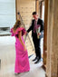 Rose Pink Ruffle Satin Round-Neck Women Floor-Length Prom Dresses PDS1195