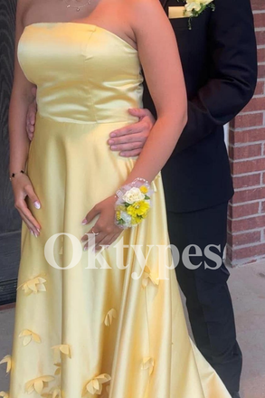 Yellow Satin Prom Dress with 3D Butterfly Appliques and Strapless Bodice 2026
