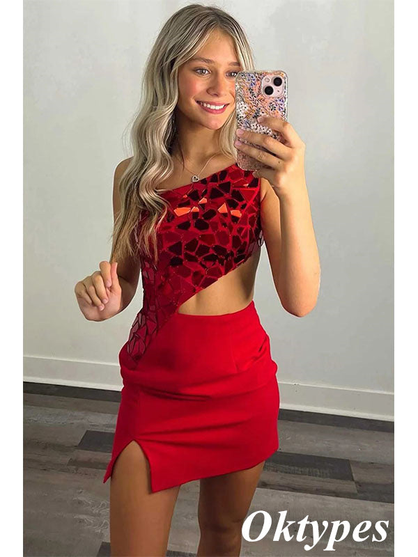 Sexy Red One Shoulder Sheath Mini Dresses/ Homecoming Dresses With Split,PDS0516