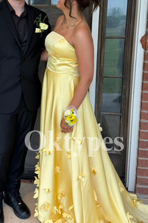Yellow Satin Prom Dress with 3D Butterfly Appliques and Strapless Bodice 2026