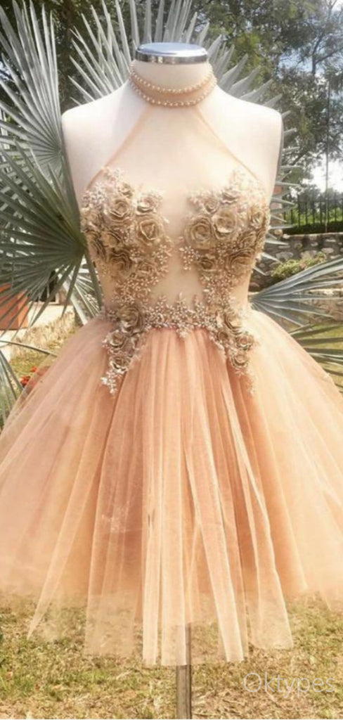 Orange Halter Appliqued Tulle Sexy Women Mini Dresses Homecoming Dresses, PDS0557