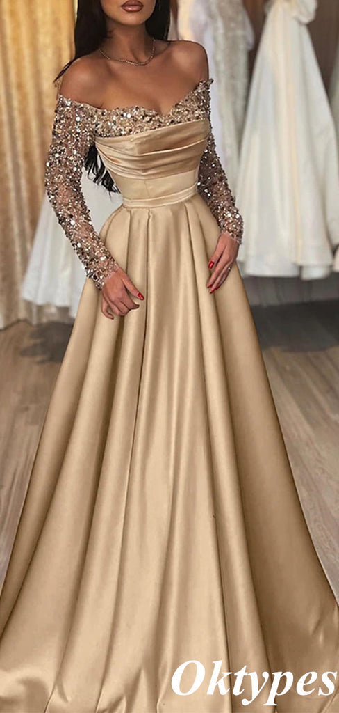 Sexy Champagne Off Shoulder Beading Sweetheart A-Line Long Evening Dresses, PDS1044