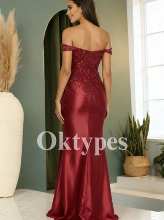 Sexy Burgundy Satin Mermaid Prom Dress with Off Shoulder High Slit 2026 Trending Elegant Formal Evening Gown