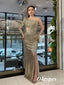 Sexy Shiny Sequin One Shoulder Long Sleeve Side Slit Mermaid Long Prom Dresses, PDS1000