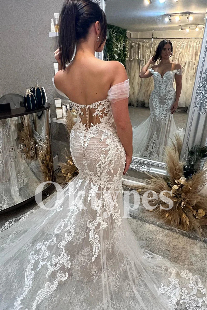 Off-the-Shoulder Satin Wedding Dresses Bow Back Bridal Gown with Train