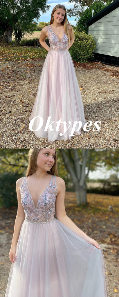 Sexy Tulle Spaghetti Straps V-Neck A-Line Long Prom Dresses With Appliques and Beading, PDS1010