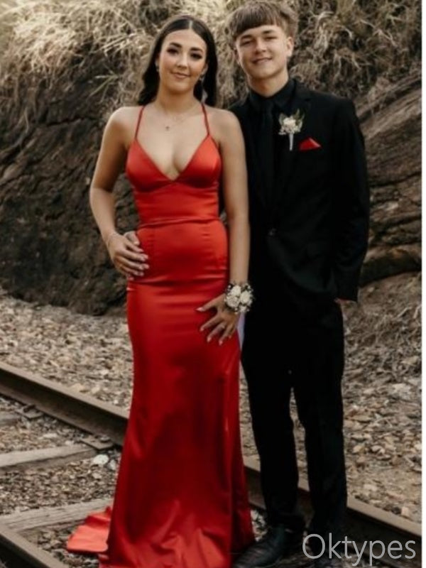 Red Sexy V-Neck Satin Spaghetti Strap Women Floor-Length Prom Dresses PDS1208