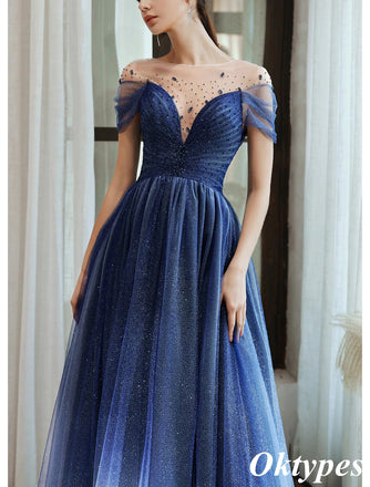 Elegant Blue Beading Illusion A-Line Long  Evening Dresses, PDS1046