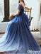 Elegant Blue Beading Illusion A-Line Long  Evening Dresses, PDS1046