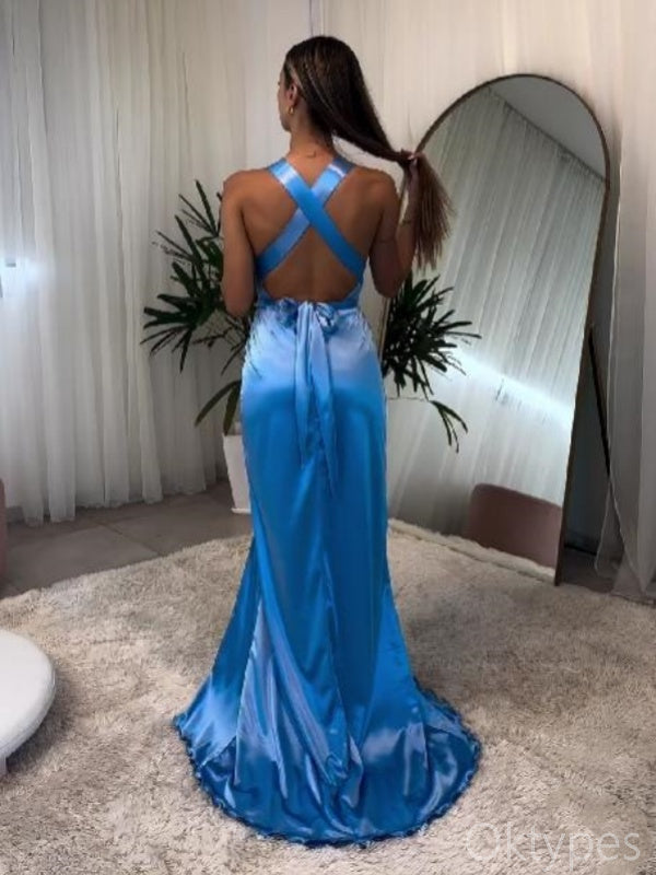 Sexy Spaghetti Strap Criss-Cross Blue Satin Floor-Length Prom Dresses PDS1171