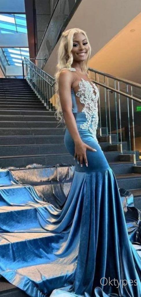 Luxurious Appliqued Blue Velvet With Trailing Mermaid Floor-Length Prom Dresses PDS1155