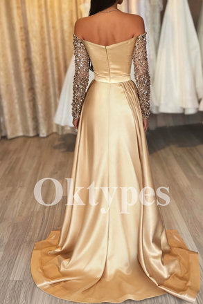 Champagne Gold Satin Prom Dress with Sequin Long Sleeves and High Slit 2026