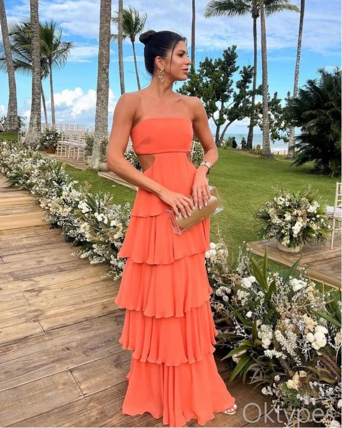 Women Burn-Orange Ruffle Strapless Floor-Length Prom Dresses PDS1174