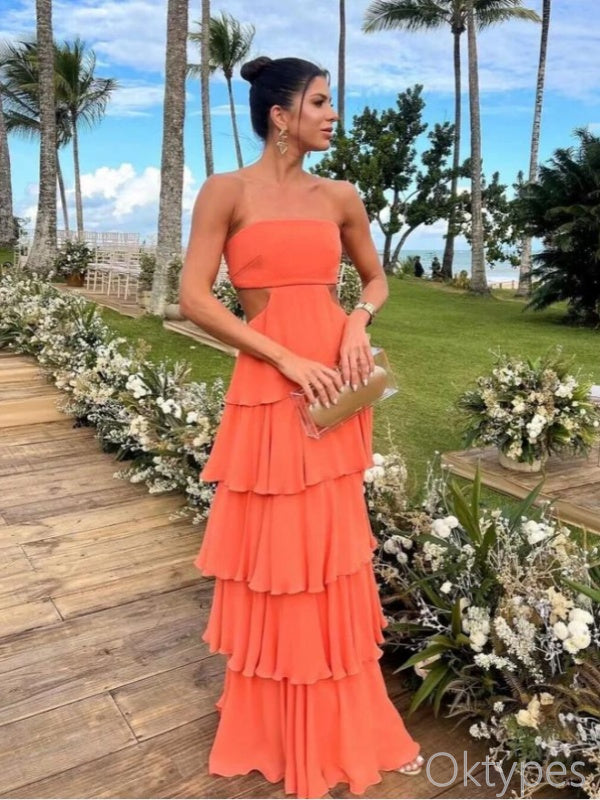 Women Burn-Orange Ruffle Strapless Floor-Length Prom Dresses PDS1174