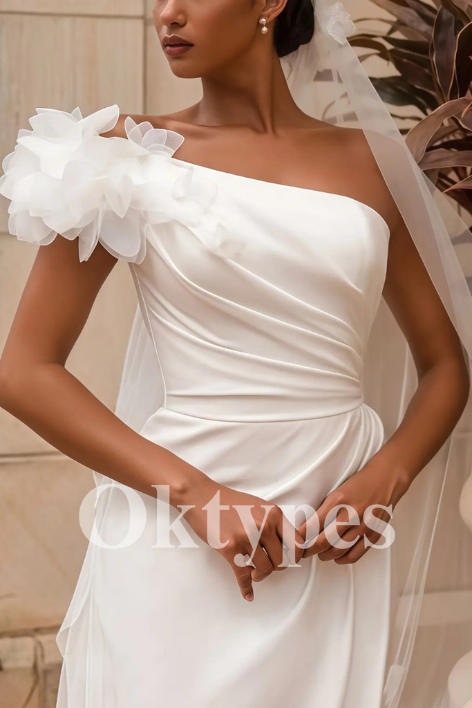 Modern One-Shoulder Satin Wedding Dress with 3D Floral Detail and Slit