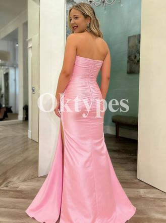 Sequin Mermaid Slit Sexy Pink Evening Gowns Long Prom Dresses Satin Cocktail Dress