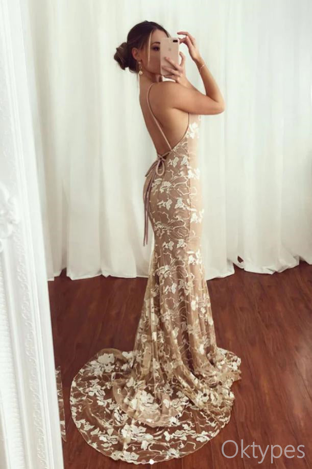 Pretty Champagne Spaghetti Strap V-Neck Mermaid Spaghetti Strap Floor-Length Prom Dresses PDS1090