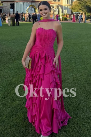 Vibrant Pink Ruffle Prom Dress 2026 Strapless Ruched Bodice & Layered Gown