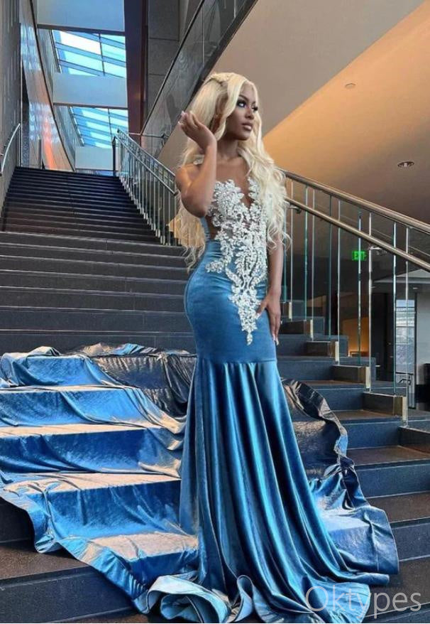 Luxurious Appliqued Blue Velvet With Trailing Mermaid Floor-Length Prom Dresses PDS1155