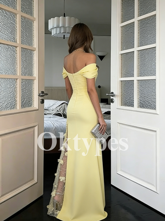 Mermaid Sunny Yellow Satin Mermaid Prom Dress Off Shoulder & Slit 2026 Cocktail Gowns
