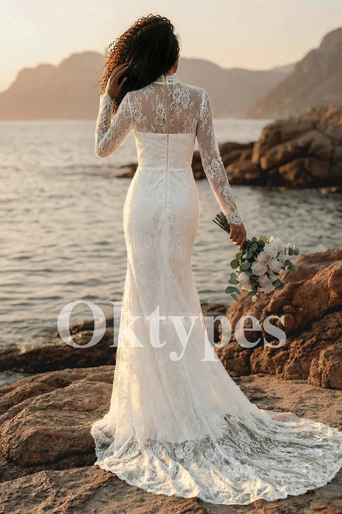 Lace Mermaid Wedding Dress - Long Sleeve Bridal Gown with Illusion Mock Neck