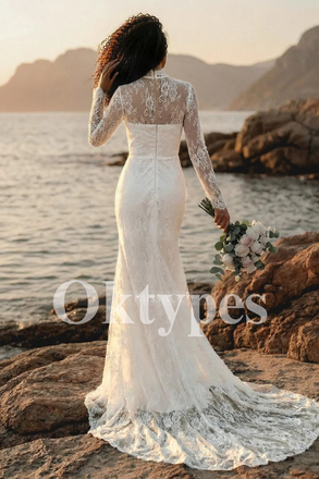 Lace Mermaid Wedding Dress - Long Sleeve Bridal Gown with Illusion Mock Neck