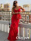 Sexy Red Chiffon Spaghetti Straps V-Neck Side Slit Mermaid Long Prom Dresses, PDS1024
