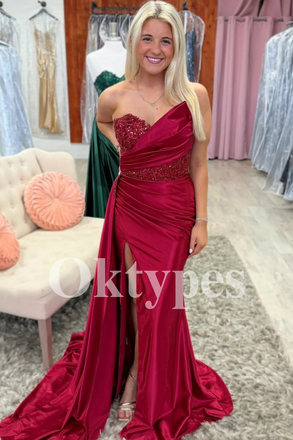 Burgundy One Shoulder Prom Dress with Sequin Embroidery and High Slit
