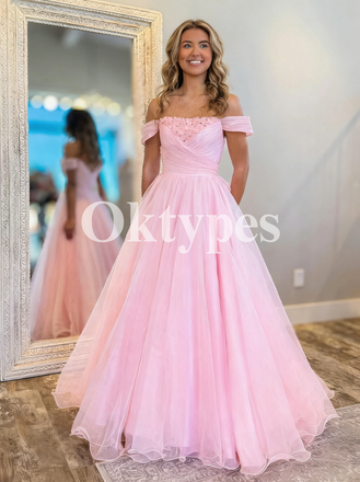 Pink Off Shoulder A-line Long Women Prom Dresses Ball Gowns Sparkle Floral Cap Sleeve