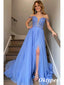 Elegant Tulle And Lace Beading Off Shoulder Sleeveless Side Slit A-Line Long Prom Dresses, PDS1004