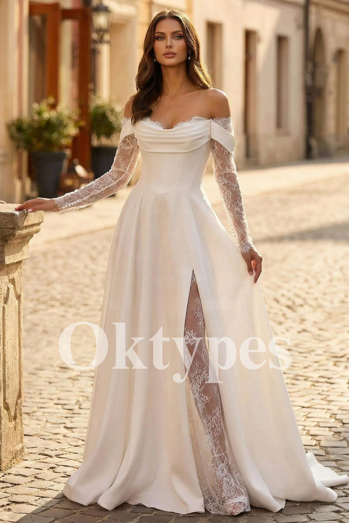 Off-the-Shoulder Lace Wedding Dress with High Slit and Long Sleeves