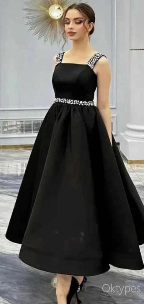 Elegant Black Square A-Line Beaded Tea-Length Prom Dresses PDS1138