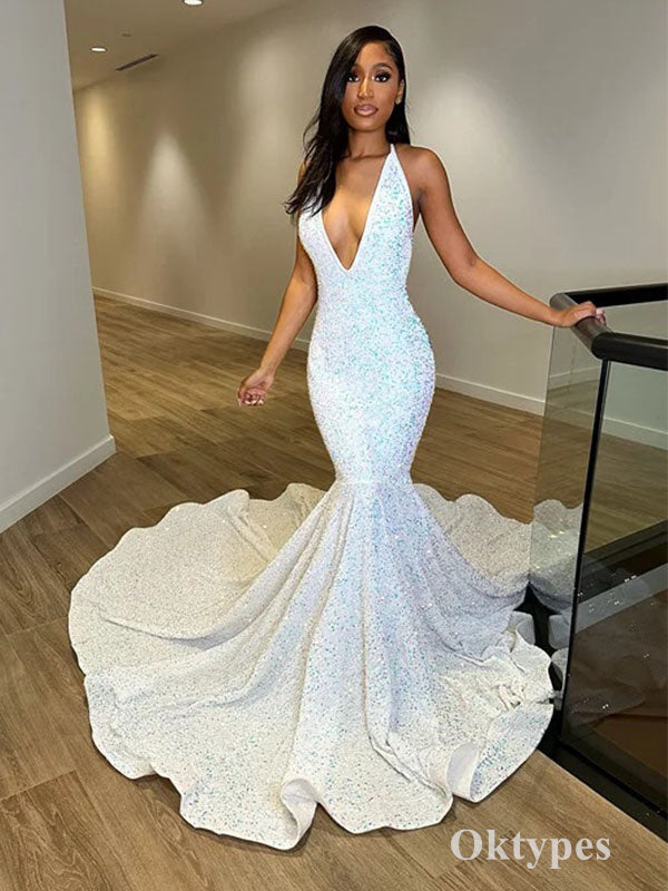 Sexy Sequin V-Neck Sleeveless Lace Up BackMermaid Long Prom Dresses, PDS0976