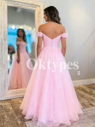 Pink Off Shoulder A-line Long Women Prom Dresses Ball Gowns Sparkle Floral Cap Sleeve