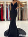Sexy Spaghetti Straps Black V-neck Satin Mermaid Long Prom Dresses, PDS1048