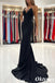 Sexy Spaghetti Straps Black V-neck Satin Mermaid Long Prom Dresses, PDS1048