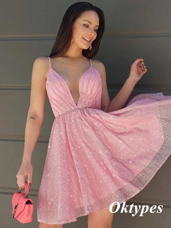 Sexy Tulle Spaghetti Straps V-Neck Backless A-Line Mini Dresses/ Homecoming Dresses, PDS0539