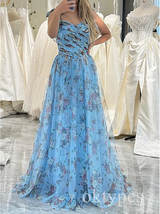 Floral V-neck Sleeveless A-line Floor Length Women Prom Dresses PDS1269