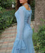 Beautiful Blue Square Full Sleeve Ruffle A-Line Floor-Length Prom Dresses PDS1150