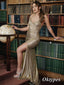 Sexy Sequin Spaghetti Straps V-Neck Sleeveless Side Slit Mermaid Long Prom Dresses, PDS0985