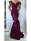 Sexy  Jersey Mermaid Off Shoulder V-Neck Stretchy Long Formal Prom Dresses, PDS0990